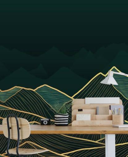 papel pintado de montaña verde oscuro y dorado