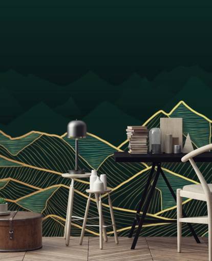 papel pintado de montaña verde oscuro y dorado