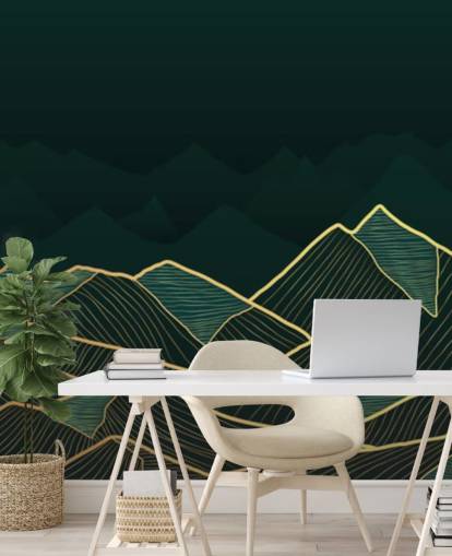 papel pintado de montaña verde oscuro y dorado