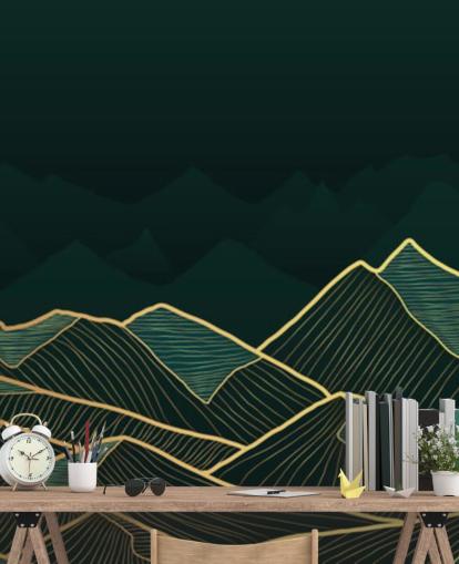 mørk grønn og gull fjell tapet