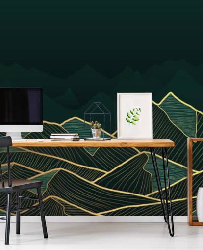 papel pintado de montaña verde oscuro y dorado