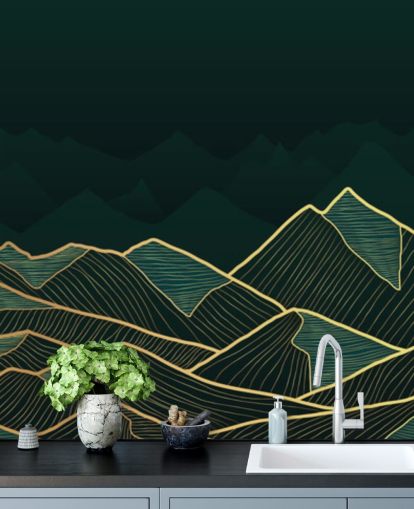papel pintado de montaña verde oscuro y dorado