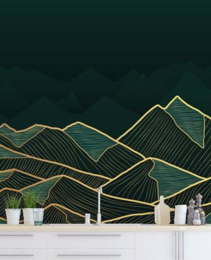 papier peint montagne vert foncé et or