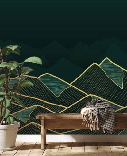 papel pintado de montaña verde oscuro y dorado