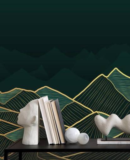 papel pintado de montaña verde oscuro y dorado