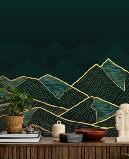 papel pintado de montaña verde oscuro y dorado