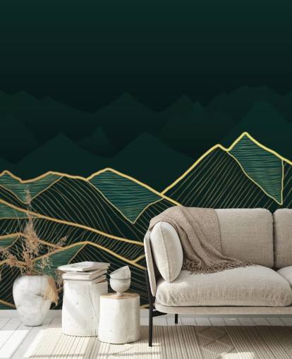 papel pintado de montaña verde oscuro y dorado