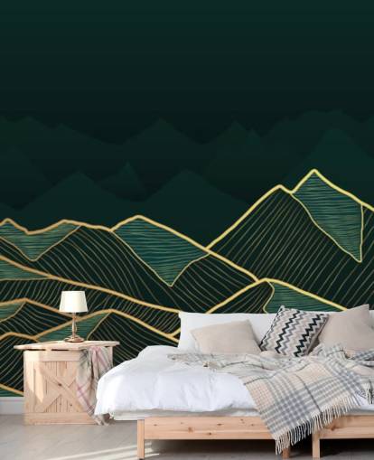 papel pintado de montaña verde oscuro y dorado