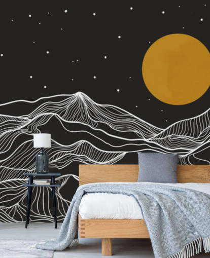 arte della linea di montagna in bianco e nero con carta da parati luna gialla