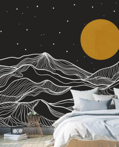 art de ligne de montagne noir et blanc avec fond d'écran de lune jaune