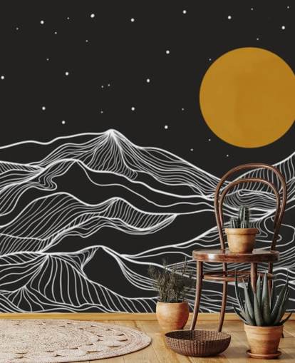 arte de línea de montaña en blanco y negro con papel tapiz de luna amarilla