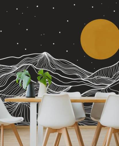 arte della linea di montagna in bianco e nero con carta da parati luna gialla