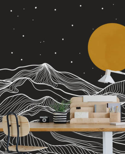 Schwarz-Weiß-Berglinienkunst mit gelber Mond-Tapete