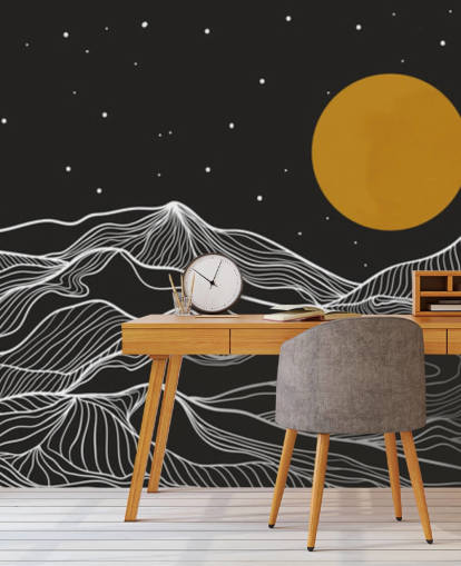 art de ligne de montagne noir et blanc avec fond d'écran de lune jaune