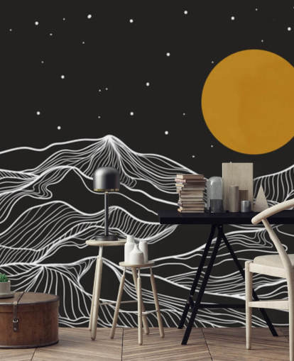 arte de línea de montaña en blanco y negro con papel tapiz de luna amarilla