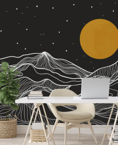 arte della linea di montagna in bianco e nero con carta da parati luna gialla