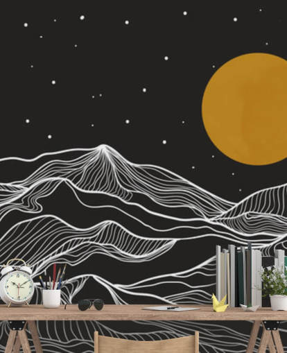 arte de línea de montaña en blanco y negro con papel tapiz de luna amarilla