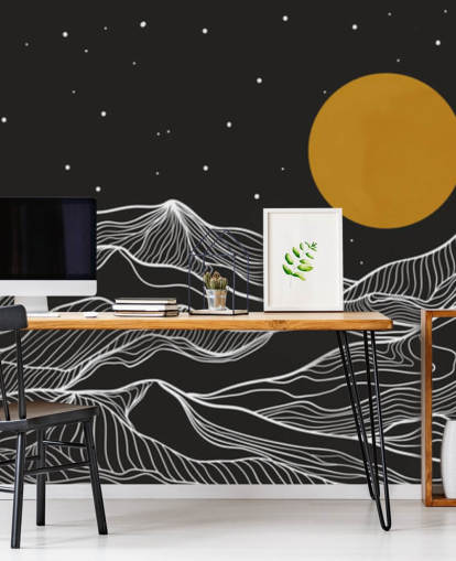 arte de línea de montaña en blanco y negro con papel tapiz de luna amarilla
