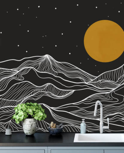 arte de linha de montanha preto e branco com papel de parede lua amarela