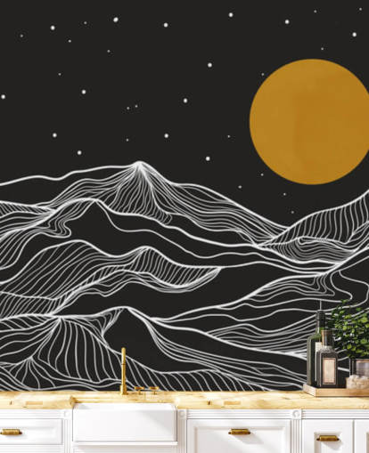 Schwarz-Weiß-Berglinienkunst mit gelber Mond-Tapete