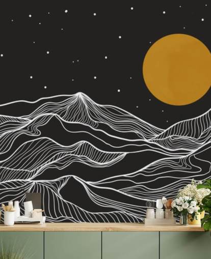 Schwarz-Weiß-Berglinienkunst mit gelber Mond-Tapete