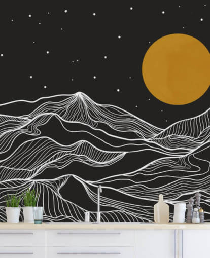 black and white mountain line art with yellow moon wallpaper black and white mountain line art with yellow moon wallpaper