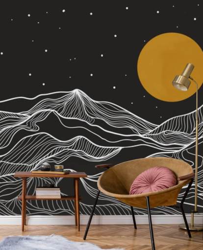 arte della linea di montagna in bianco e nero con carta da parati luna gialla arte della linea di montagna in bianco e nero con carta da parati luna gialla