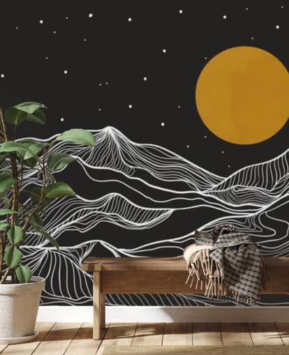 arte de línea de montaña en blanco y negro con papel tapiz de luna amarilla arte de línea de montaña en blanco y negro con papel tapiz de luna amarilla