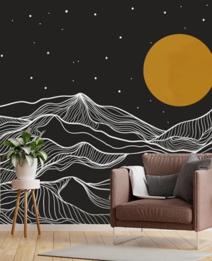black and white mountain line art with yellow moon wallpaper