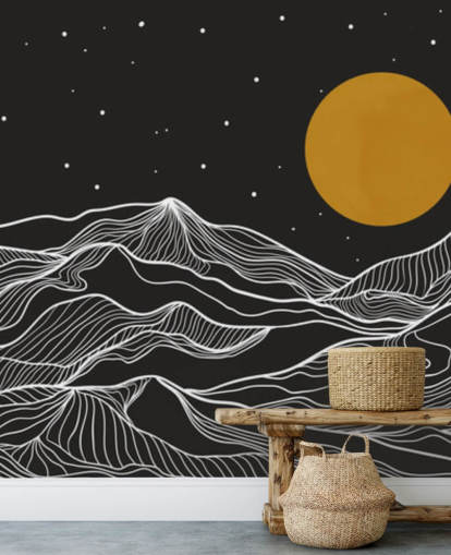 black and white mountain line art with yellow moon wallpaper