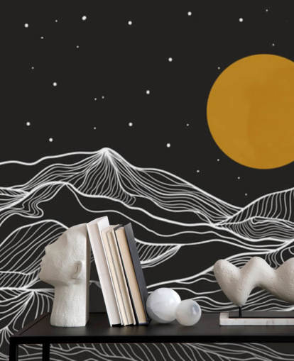 black and white mountain line art with yellow moon wallpaper black and white mountain line art with yellow moon wallpaper