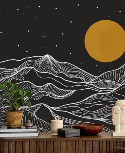 arte de linha de montanha preto e branco com papel de parede lua amarela