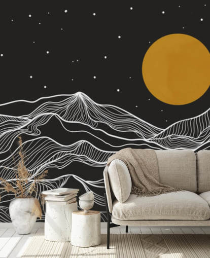 arte de línea de montaña en blanco y negro con papel tapiz de luna amarilla
