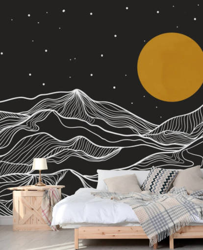 arte de línea de montaña en blanco y negro con papel tapiz de luna amarilla arte de línea de montaña en blanco y negro con papel tapiz de luna amarilla