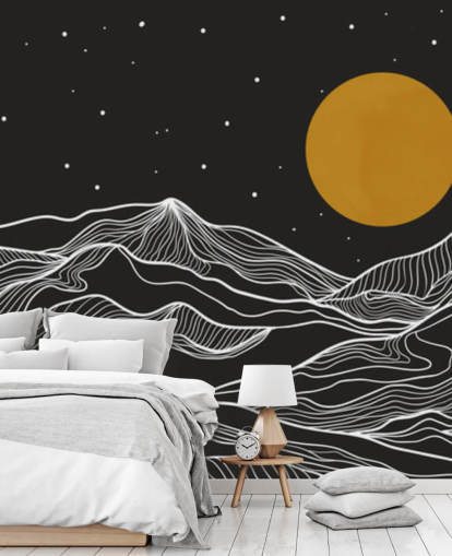 black and white mountain line art with yellow moon wallpaper