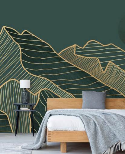 dark green and gold line mountain and moon wallpaper