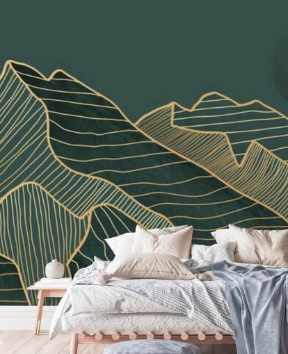 verde escuro e dourado linha montanha e lua papel de parede