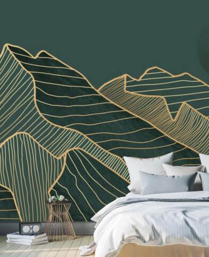 verde escuro e dourado linha montanha e lua papel de parede