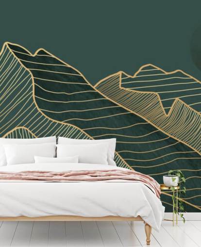 carta da parati montagna e luna linea verde scuro e oro