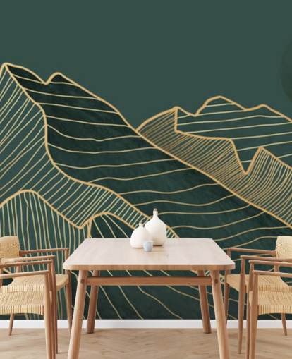 dark green and gold line mountain and moon wallpaper