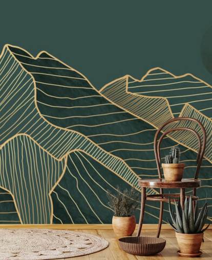 dark green and gold line mountain and moon wallpaper