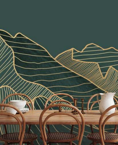 fondo de pantalla de montaña y luna de línea verde oscuro y dorado fondo de pantalla de montaña y luna de línea verde oscuro y dorado