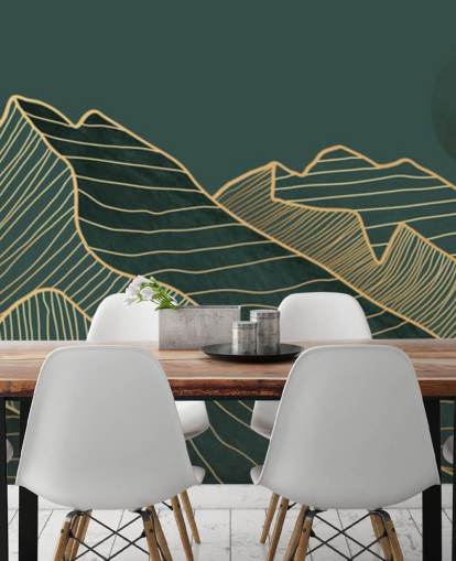 verde escuro e dourado linha montanha e lua papel de parede