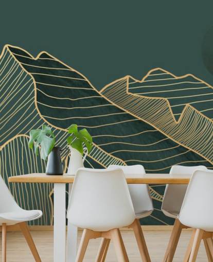 mörkgrön och guld linje berg och måne tapeter