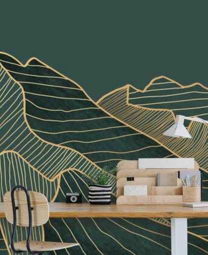 verde escuro e dourado linha montanha e lua papel de parede verde escuro e dourado linha montanha e lua papel de parede