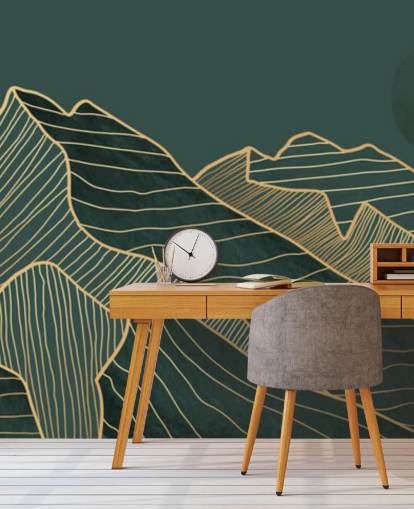 verde escuro e dourado linha montanha e lua papel de parede