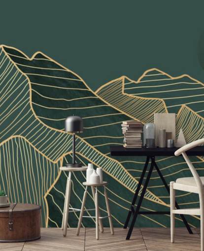 mørk grønn og gull linje fjell og måne tapet mørk grønn og gull linje fjell og måne tapet