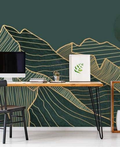 verde escuro e dourado linha montanha e lua papel de parede verde escuro e dourado linha montanha e lua papel de parede