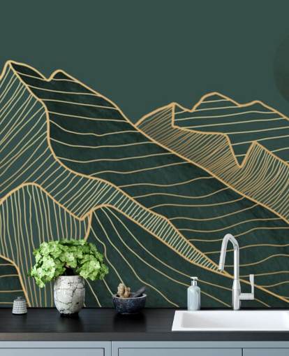 carta da parati montagna e luna linea verde scuro e oro