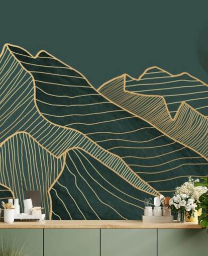 dark green and gold line mountain and moon wallpaper